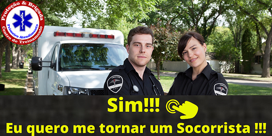 Imagem de um banner de tamanho reduzido com dois socorristas de braços cruzados, e ao fundo uma ambulância na cor branca
