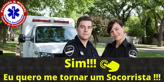 Imagem de um banner de tamanho reduzido com dois socorristas de braços cruzados, e ao fundo uma ambulância na cor branca